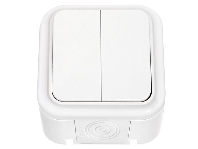 Выключатель 2 клав. (открытый, 10А, брызг. защ.) белый, Пралеска Аква, (IP54 пылебрызгозащищенные) Bylectrica А(6+6) 10-873