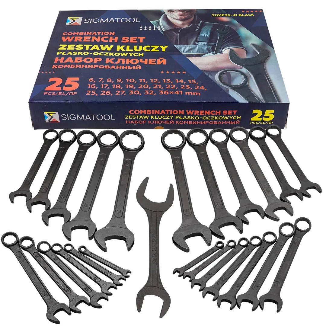 Набор ключей комбинированных 25 пр, 6-27, 30, 32, рожковый ключ 36х41 мм SIGMATOOL Sigmatool-5261P36-41 Black