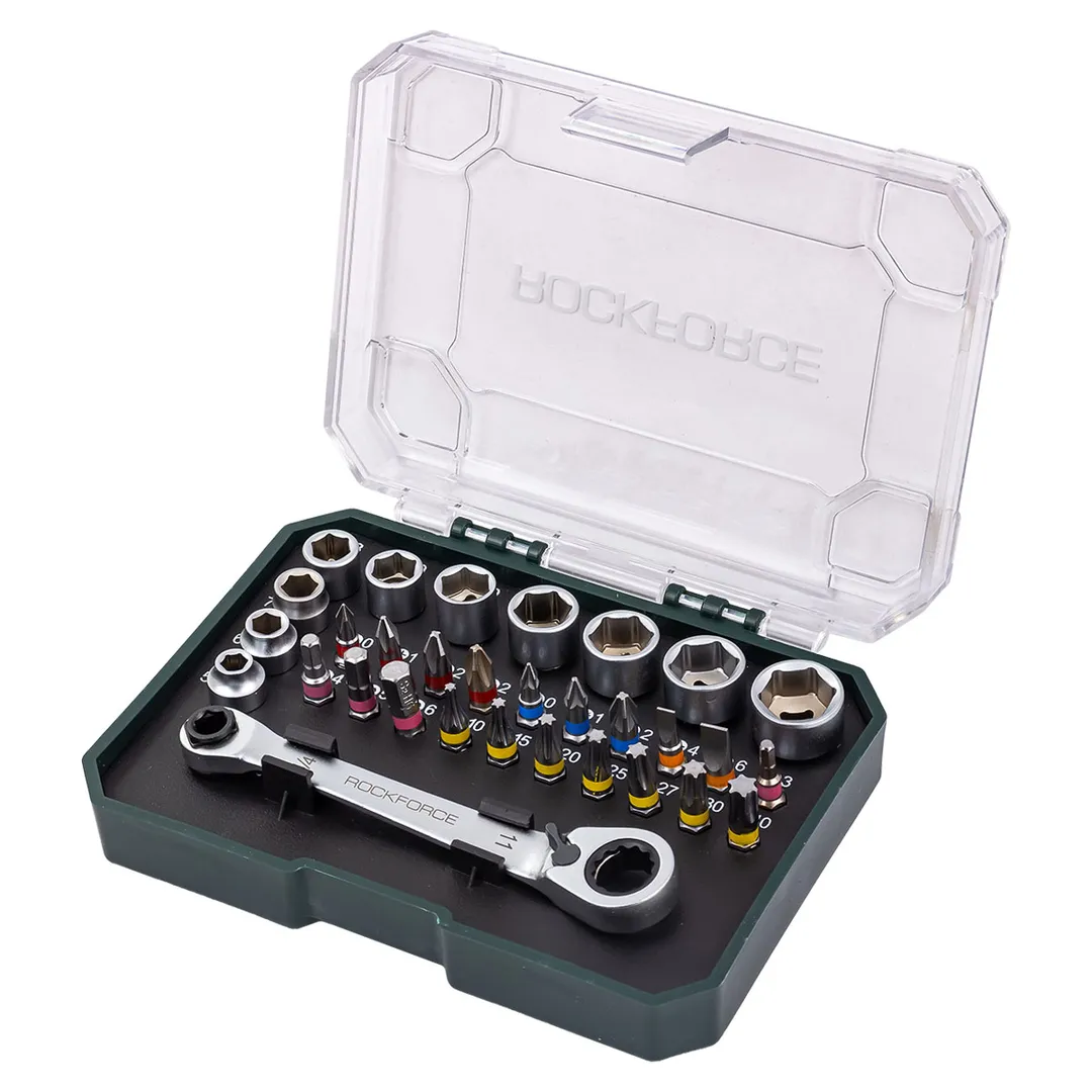 Набор головок 5-14 мм и бит PH, PZ, SL, HEX, Torx 1/4'', с трещеточным ключом 11х1/4" 31 пр RockForce RF-2311-5