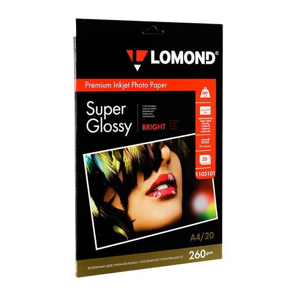 Фотобумага суперглянцевая ярко-белая для струйной фотопечати "Lomond", А4, 20 листов, 260 г/м2