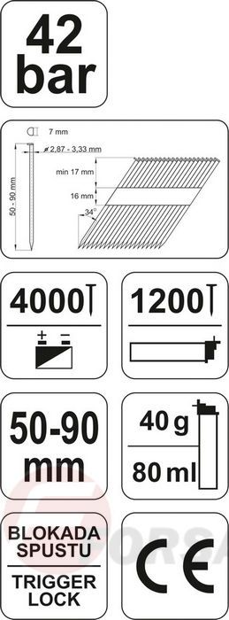 Пневмогвоздильная машина 34° 50-90 мм. 42 bar Yato YT-0927