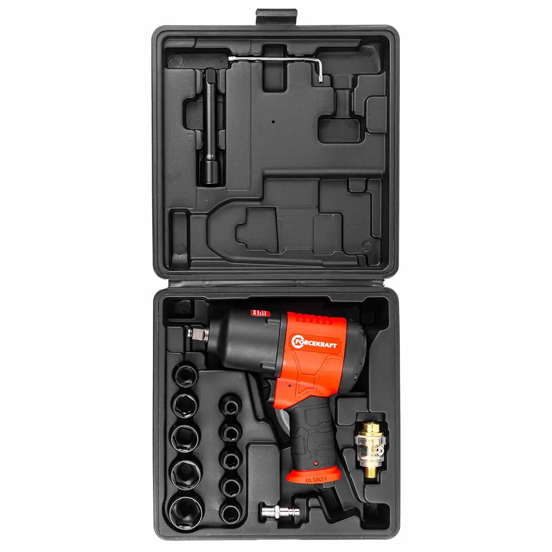 Пневмогайковерт ударный с комплектом ударных головок и удлинителем 17 пр, 1/2'' 720Нм ForceKraft FK-RT-5270K