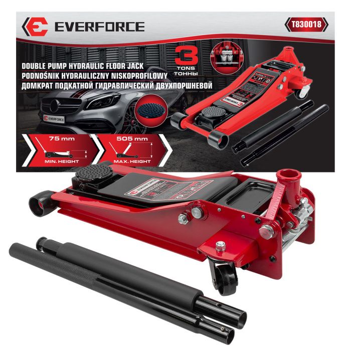 Домкрат подкатной гидравлический 3 т, 75-510 мм, низкопрофильный двухпоршневой с резиновой накладкой EVERFORCE EF-T830018