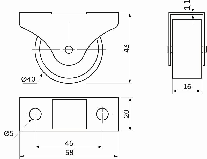 Ролик меб. c рез.ободом d40 h43 прямоходящий, черный AKS 129244