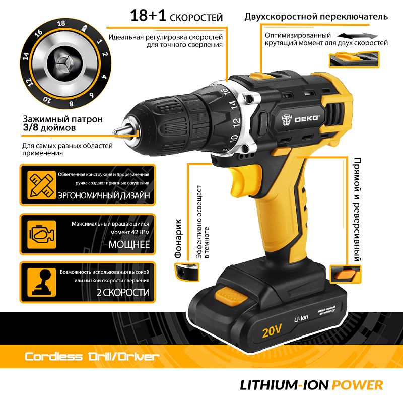 Дрель-шуруповерт аккумуляторная DKCD20FU-Li SET 63 063-4175 DEKO 063-4175