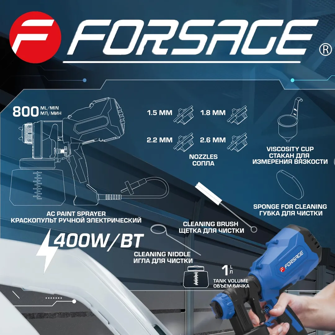 Краскопульт ручной электрический 230В, 400Вт, объем бачка 1 л, макс.расход краски 800мл/мин Forsage F-SG100-640H