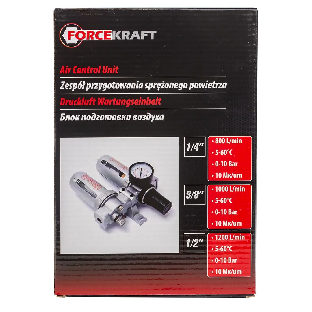 Блок подготовки воздуха 1/2'', фильтр-регулятор+лубрикатор, 10Мк, 1200 л/мин, 0-10bar, раб. t 5°-60° ForceKraft FK-AFRL804