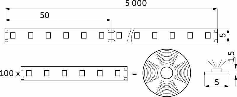 Лента светодиодная 9,6W/m, 24V, 5мм узкая, 2835, 120 д/м, IP20, холодный белый, 6000K, CRI>80, 1100 Lm, 5м, AKS 115313