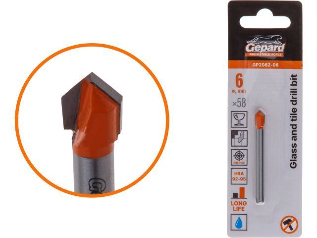 Сверло по кафелю/стеклу 6x58 мм ц/х, трехгр. хвостовик GEPARD GP2082-06