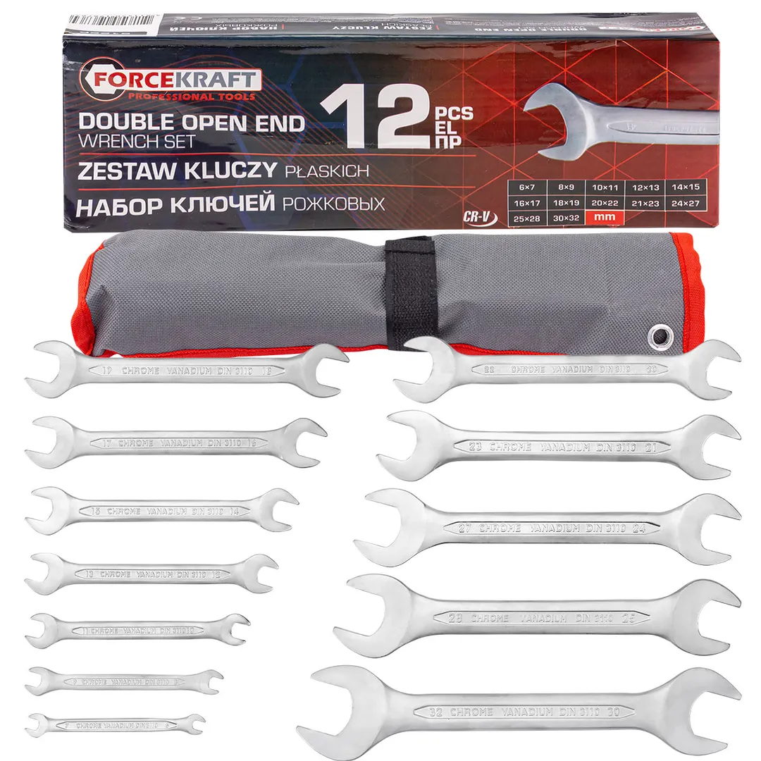 Набор рожковых ключей 6х7-30х32 мм 12 пр ForceKraft FK-5122P
