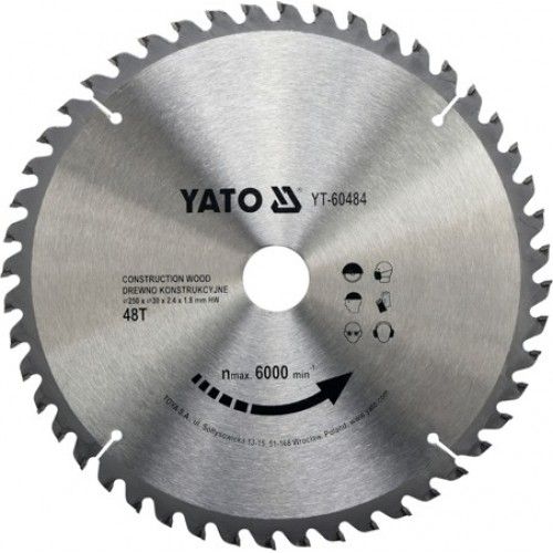 Диск пильный 250/30 48T с напаянными зубцами из твердых сплавов Yato YT-60484