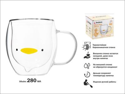 Кружка стеклянная с двойными стенками, 280 мл, серия Funny animals PERFECTO LINEA 30-130001