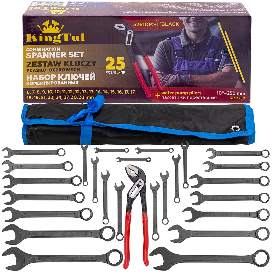 Набор комбинированных ключей 6-32 мм, пассатижи 250 мм, 26 пр KINGTUL KT-5261DP+1 BLACK