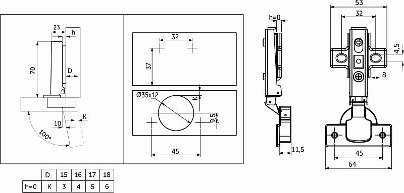 Петля накладная с доводчиком 45мм h0 clip-on GRIDLI 118846