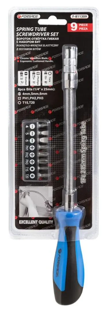 Отвертка-битодержатель гибкая с набором бит 9 пр. CrV6150 Forsage F-811309