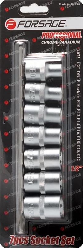 Набор головок Е-профиль 7 пр. 1/2", E10, E12, E14, E16, E18, E20, E22, на планке Forsage F-4073
