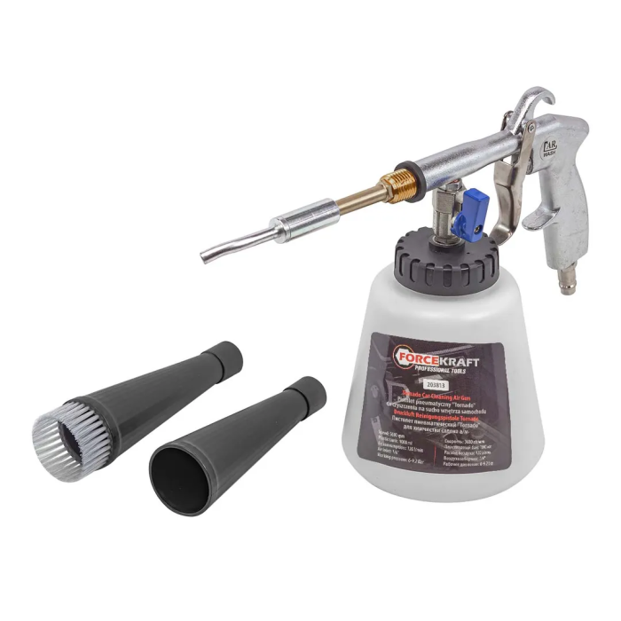 Пистолет пневматический ''Tornado'' для химчистки салона а/м с емкостью 1л, 3600об/мин, расход воздуха 120 л/мин, 6-9.2 бар ForceKraft FK-203813