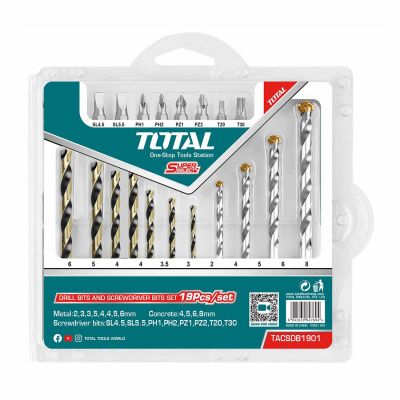 Набор сверл по металлу 2-6 мм, бетону 4-8 мм, биты SL, PH, PZ, Torx 19 пр TOTAL TACSDB1901