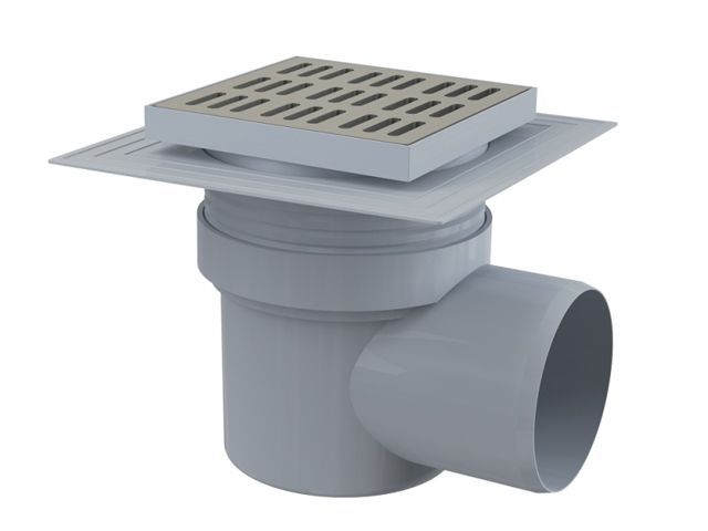 Сливной трап 150х150/110, подводка - боковая, решетка - нержавеющая сталь, воротник- 2-х уровневая Alcaplast APV12
