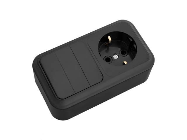 Блок выкл. 3 клав. + розетка, открытая, с/з, черный, Пралеска, Bylectrica 3В-РЦ-531чер