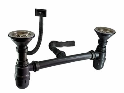 Сифон для кухонной мойки с двумя чашами с выпусками 3 1/2" и прямоугольным переливом, пластик, серый Ledeme LS02-2