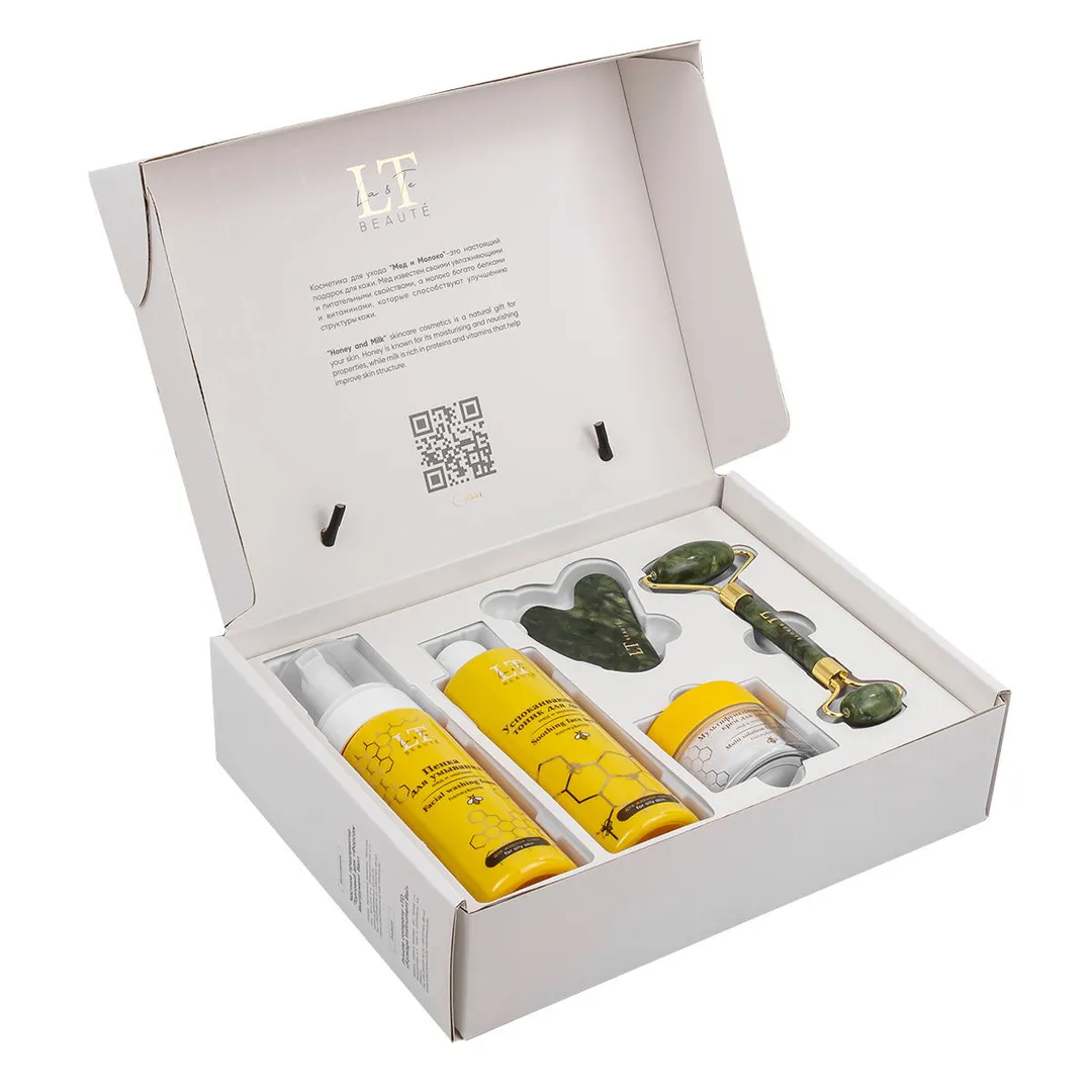 Набор Мед и молоко для жирной кожи лица, тоник LT-1213, крем-LT1237, пенка-LT-1275, скребок гуаша, массажный ролик зеленый La and Te beaute LT-Hm2