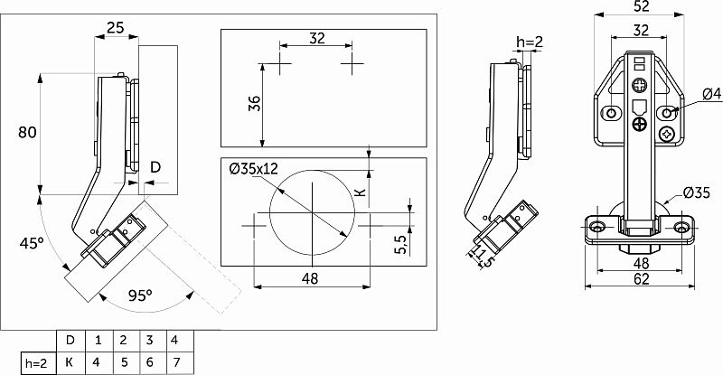 Петля угловая 45° с доводчиком 48мм h2 clip-on 3D, саморезы, заглушки, AKS PLUS 117010