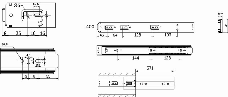 Направляющая шариковая L-400 h=45 PUSH TO OPEN AKS PLUS 39194