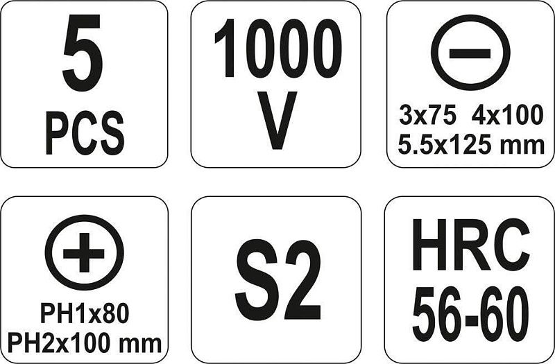 Набор отверток 1000V 5 пр. S2 HRC56-60 Yato YT-2827