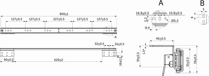 Механизм для раздвижных столов внутренний синхронный со стопором L-800 мм AKS 114316