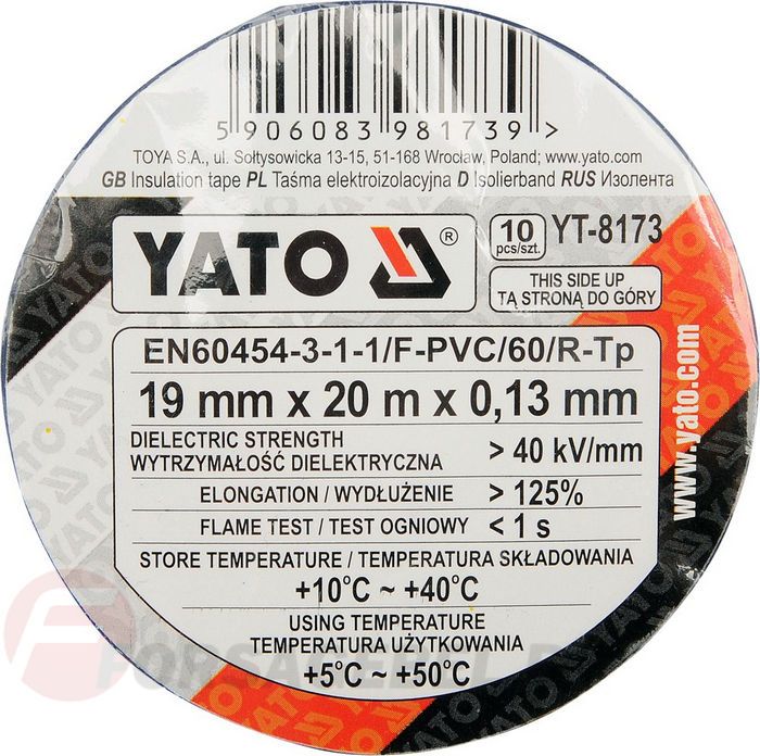 Изолента ПВХ 19 мм х 20 м. х 0,13 мм разноцветная 10 шт. Yato YT-8173