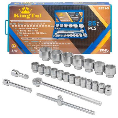 Набор торцевых головок 25 пр. 3/4'' 6-гр. 19-70 мм, в металл.кейсе KINGTUL KT-6251-5
