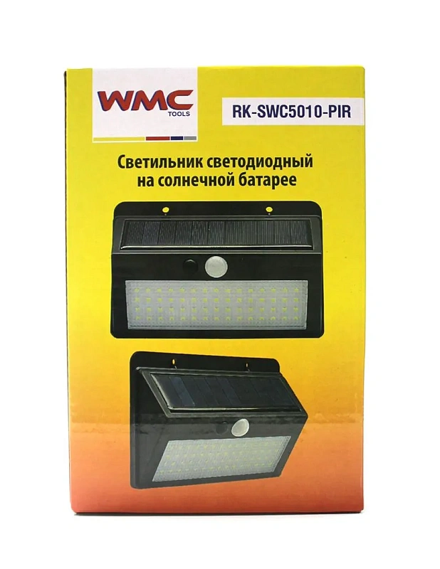 Светильник светодиодный на солнечной батарее с датчиком движения 5.5V,2.5W,18650Li,3.7V,2400mAh,38SMD Led,6500К,раб. время8-10ч,заряд.4-6ч,IP44,210х1 WMC TOOLS WMC-RK-SWC5010-PIR