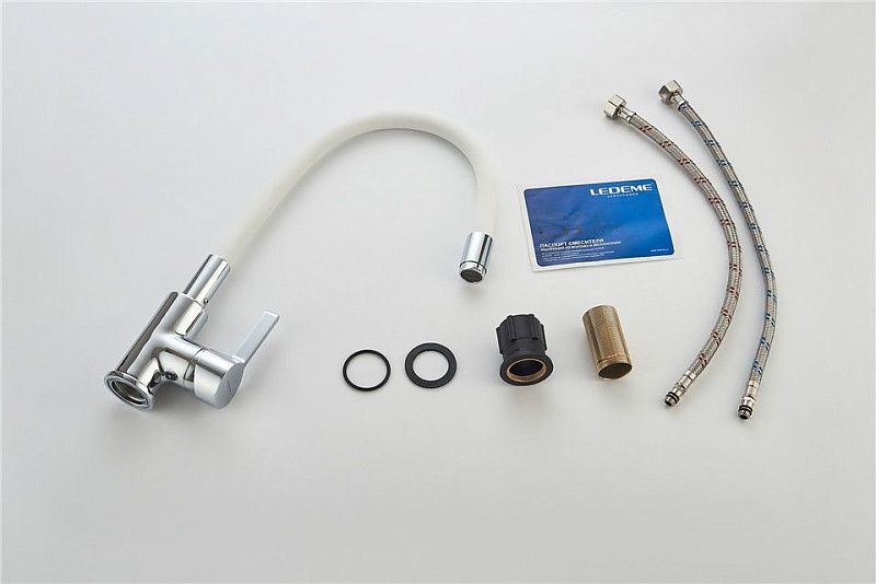 Смеситель для кухни с гибким изливом, латунь, хром + белый Ledeme L4898-3