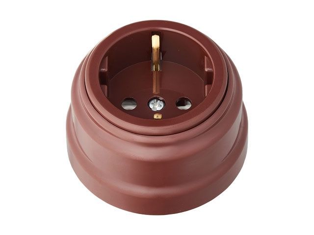 Розетка 1-ая (открытая, с/з) коричневая, Ретро, (без монтажной панели) Bylectrica РА16-0202кор