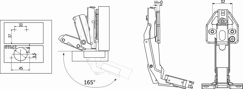 Петля 165° накладная с доводчиком 45мм h0 clip-on 3D (саморезы, заглушки) AKS PLUS 65556