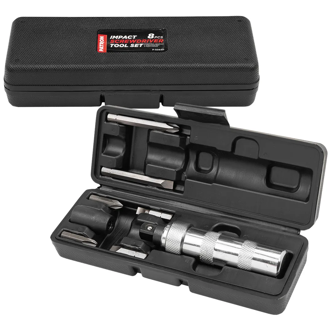 Отвертка ударная с набором бит PH, SL и адаптером 8 пр PATRON P-5064D