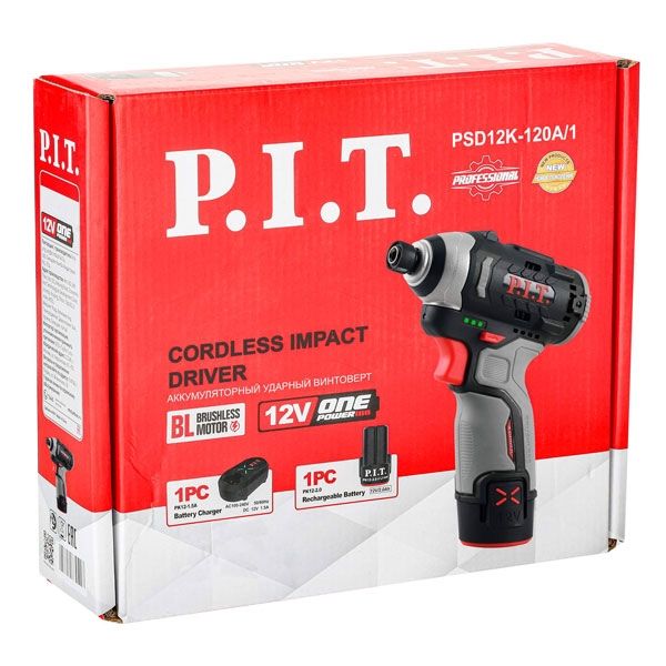 Винтоверт IMPACT аккум. бесщёточный PSD12K-120A/1 (12В, 120Нм, 3 ск, HEX 1/4", 1 акб 2Ач, ЗУ) PIT PSD12K-120A/1