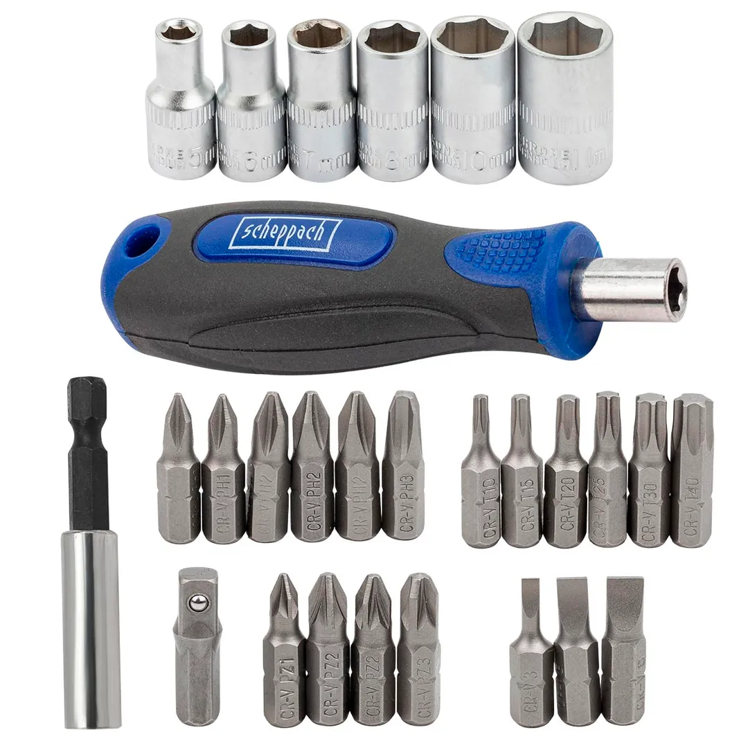 Отвертка с набором головок 6-11 мм, двустронних бит PH, PZ, SL, Torx 1/4'' 28 пр Scheppach Sch-HW-S21