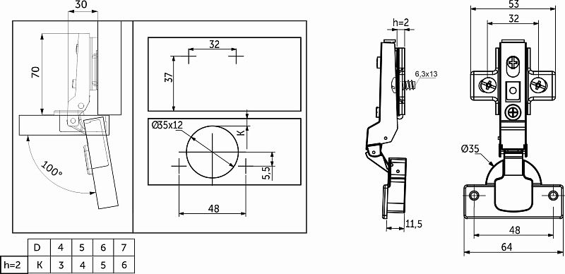 Петля полунакладная с доводчиком 48мм h2 clip-on, еврошурупы, AKS 113514