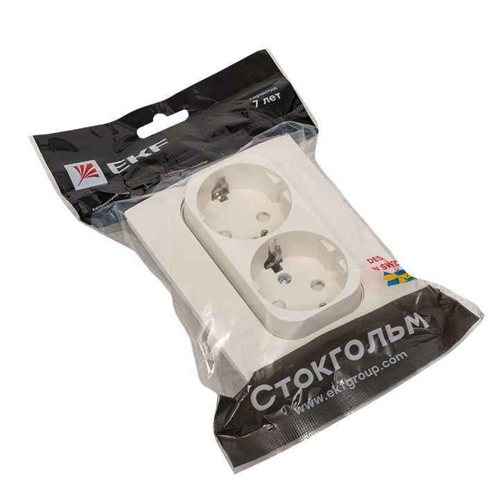 Стокгольм Розетка 2-местная с/з 16А автоматические клеммы белая с защ, штор, EKF PROxima EXR16-128-10