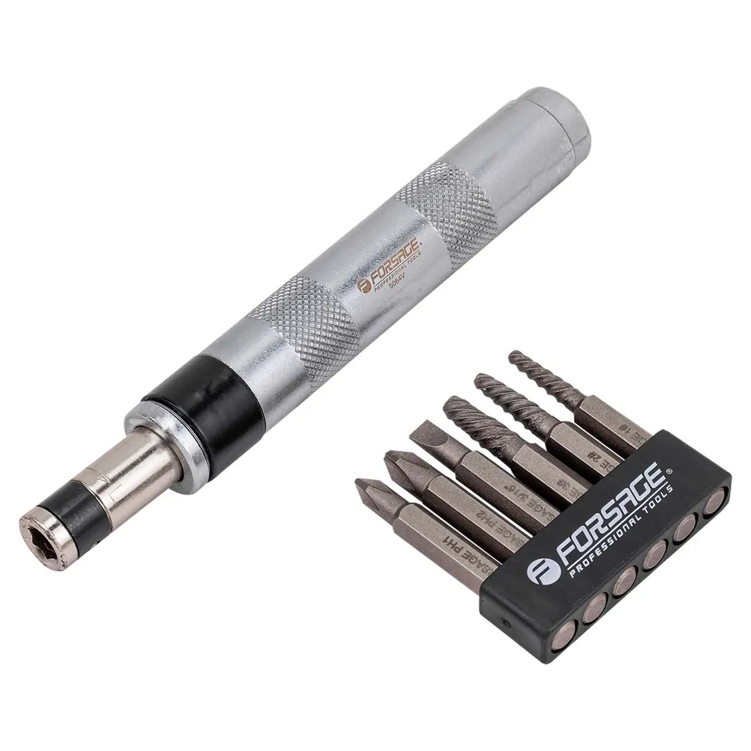 Ударно-поворотная отвертка с набором бит и экстракторами резьбы 7 пр Forsage F-5064V
