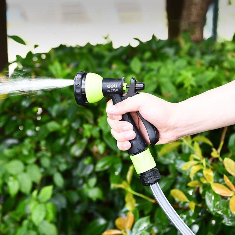 Пистолет-распылитель Deli GS EDL8758, 7 функций, быстросъем, фиксатор курка, черный, зеленый