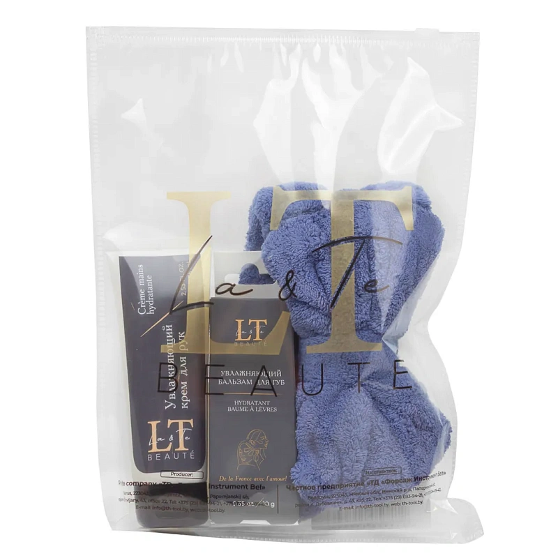 Набор: увлажняющий бальзам для губ 10 гр. LT-1756, увлажняющий крем для рук 75 мл LT-1794, повязка на голову-бант, синий La and Te beaute LT-36