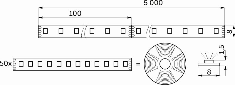 Лента светодиодная двухцветная, CCT, 9,6W/m, 24V, 8мм, 2835, 120 д/м, IP20, тепл-холод белый, 5м, AKS 117278