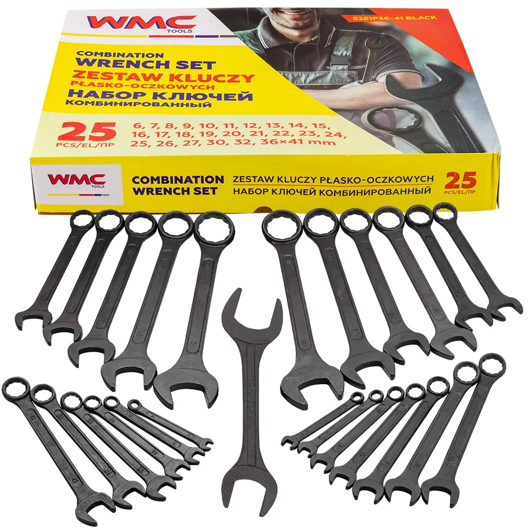 Набор ключей комбинированных 25 пр, 6-27, 30, 32, рожковый ключ 36х41 мм WMC TOOLS WMC-5261P36-41 Black
