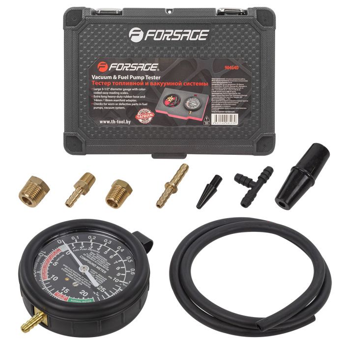 Тестер давления топлива и вакуума в наборе с резьбовыми адаптерами 9 пр., Forsage F-904G4D