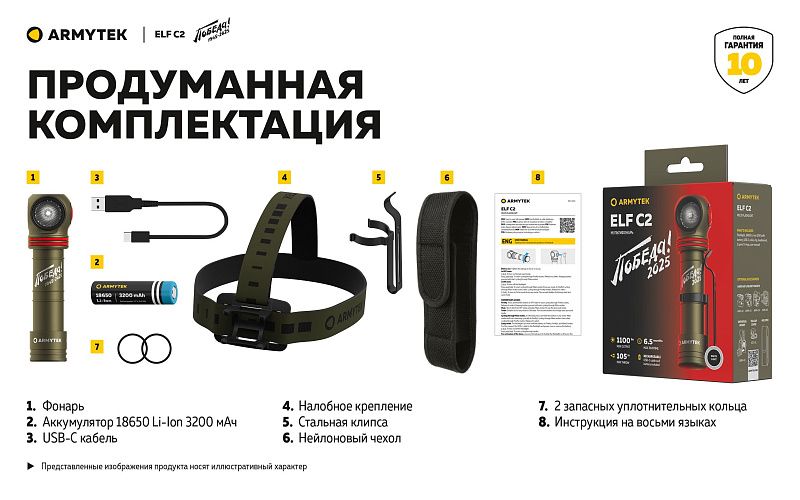Фонарь Elf C2 USB-C Победа Белый Armytek F05103CP