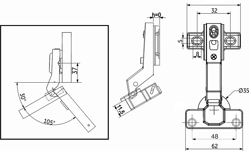 Петля угловая 30° с доводчиком 48мм h0 clip-on AKS 81066
