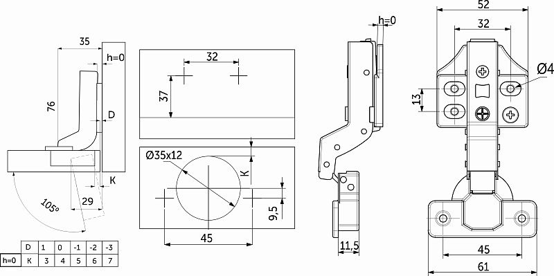 Петля внутренняя с доводчиком 45мм h0 clip-on 3D, саморезы, заглушки, упак 2 шт., PRIME by AKS 112650